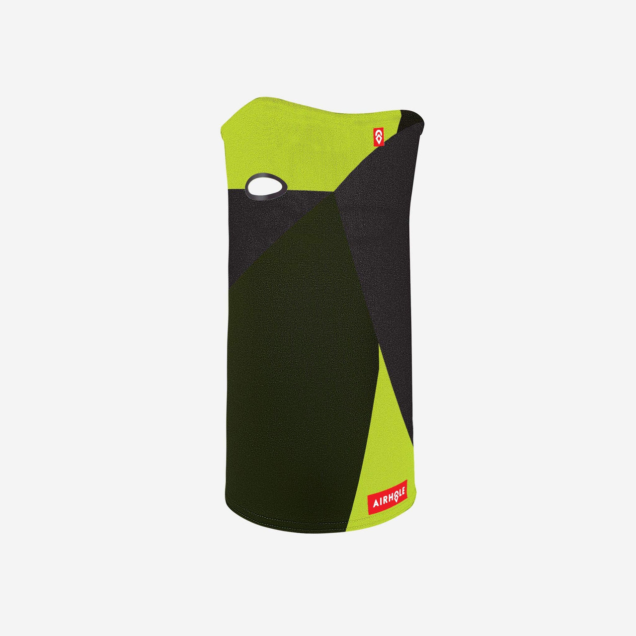 Neon lime and black face covering with oval mouth opening and AIRHOLE logo