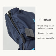 Navy baby zip long mitt with zipper cuff and elastic wrist wrap