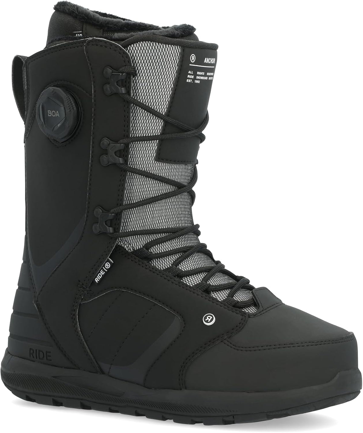 Men's black snowboard boots with BOA dial, lace-up design and padded ankle collar