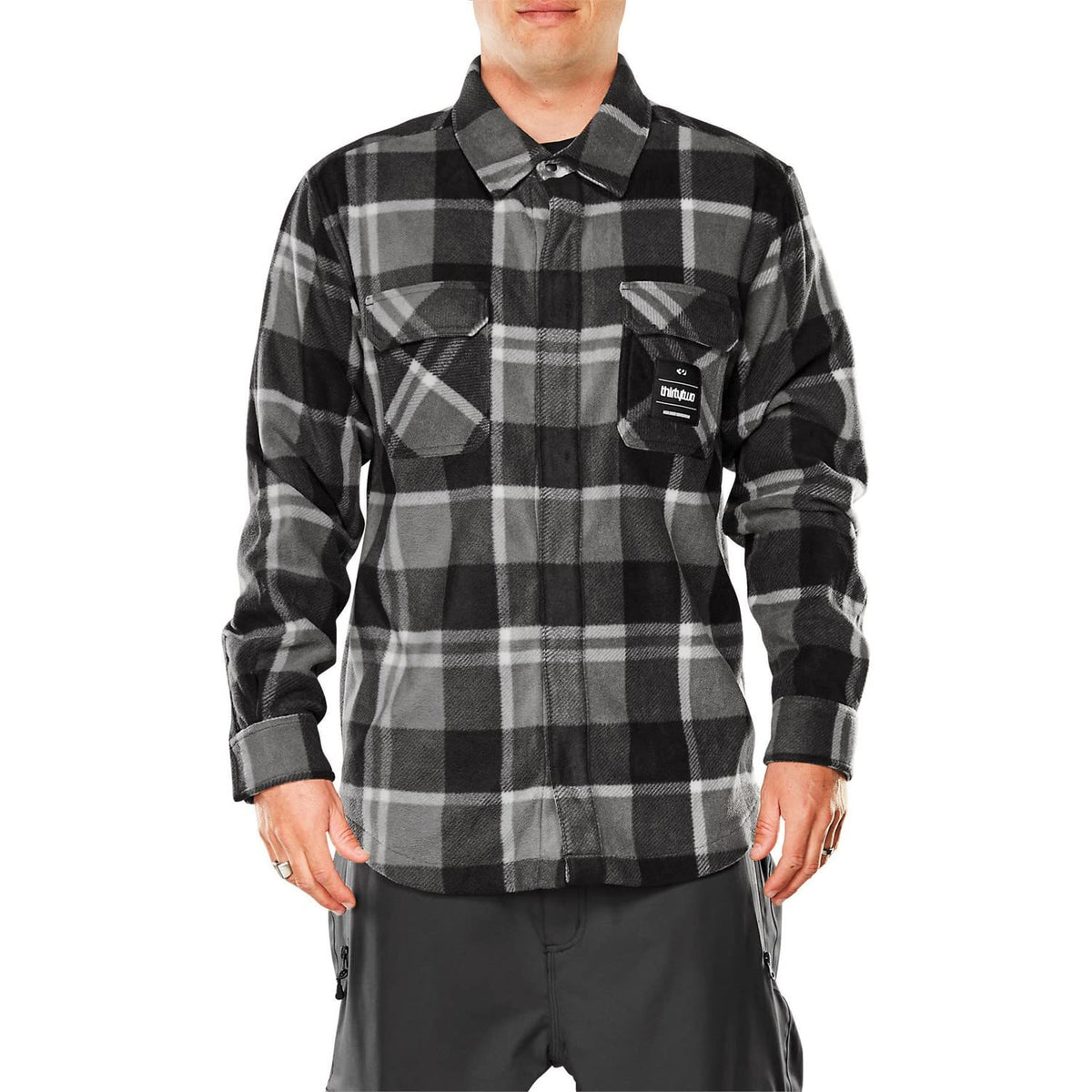 Men's black and grey plaid flannel button-up shirt with two chest pockets