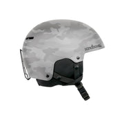 Gray camo snow helmet with black chin strap and face shield