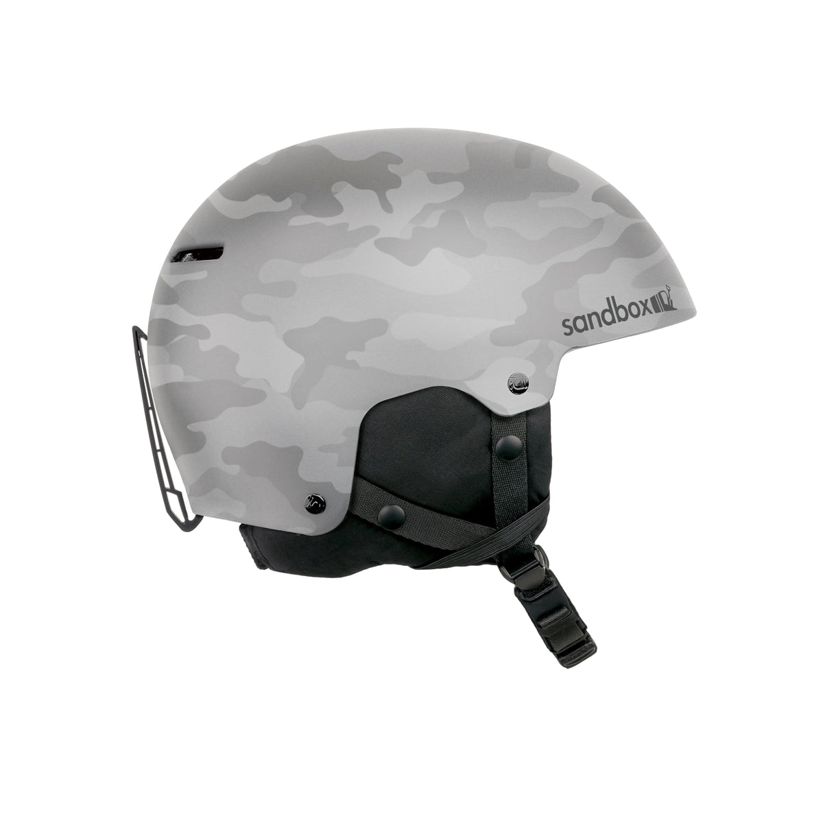Gray camo snow helmet with black chin strap and face shield