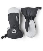 Hestra junior waterproof ski mittens in dark gray, with strap and drawcord loop.