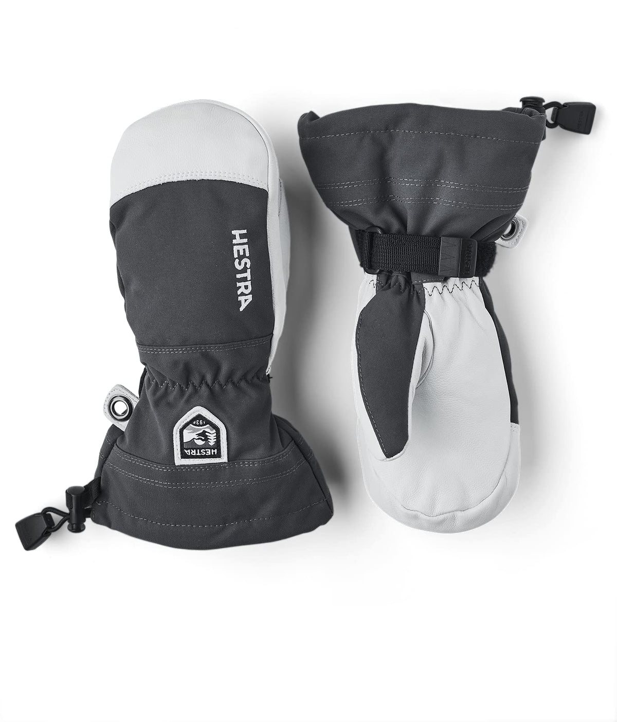 Hestra junior waterproof ski mittens in dark gray, with strap and drawcord loop.