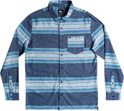 Men's blue-and-white striped flannel button-up shirt with chest pocket