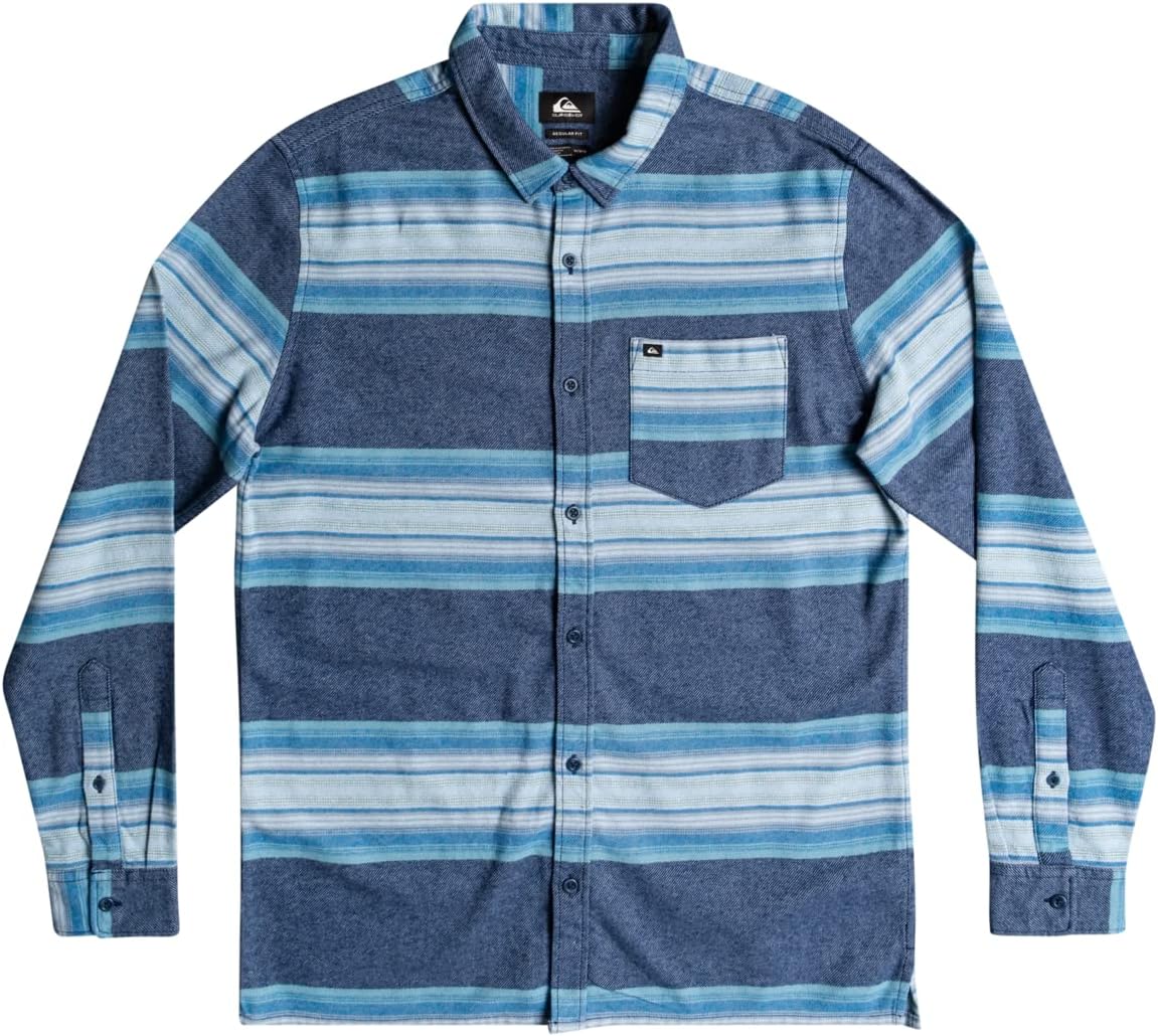 Men's blue-and-white striped flannel button-up shirt with chest pocket