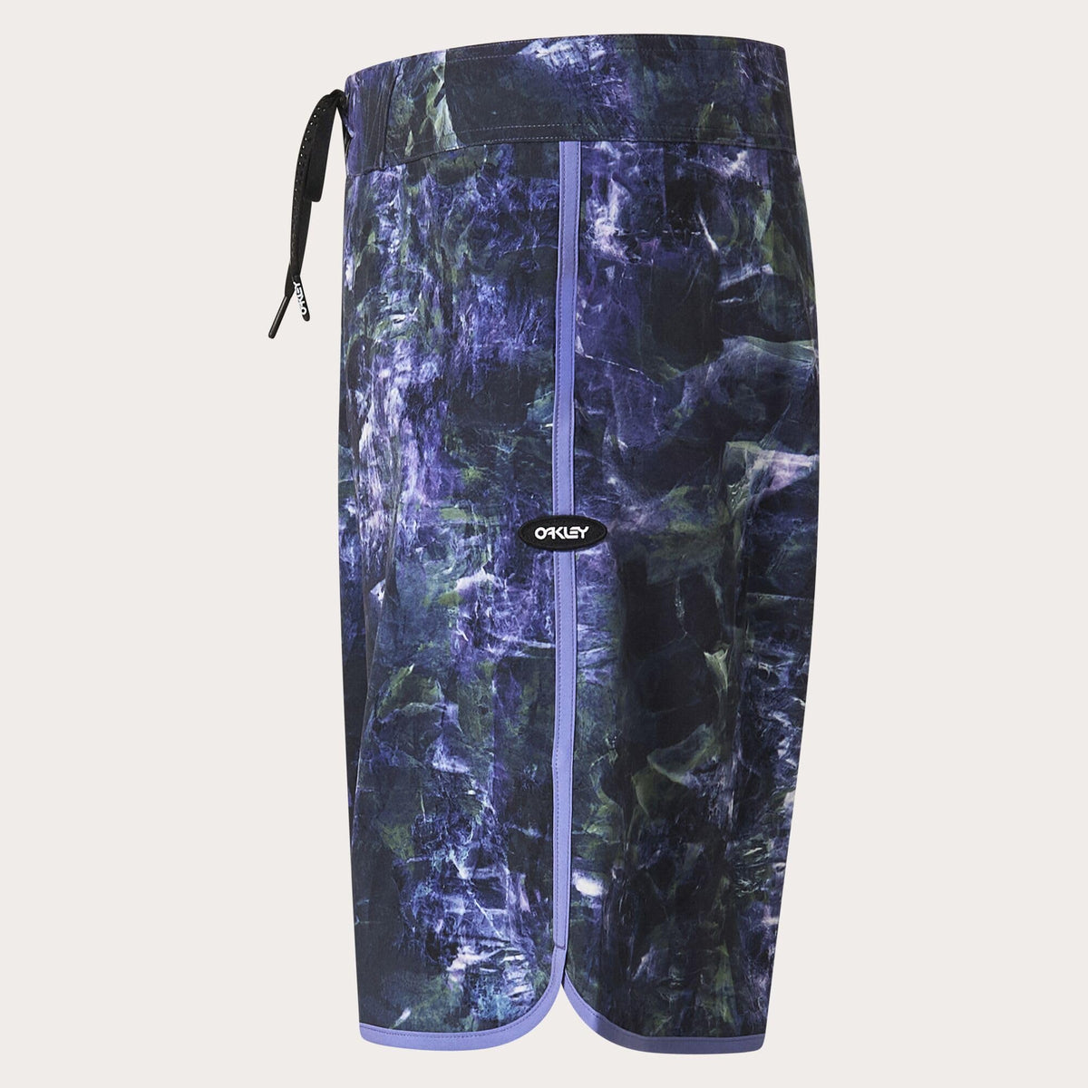 Men's Oakley 19-in board shorts, dark blue abstract print with side zip pocket and drawstring
