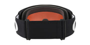 Oakley Line Miner snow goggles back view with black strap and orange face foam