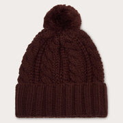 Burgundy knit pom beanie with cable-knit crown and ribbed brim, OAKLEY patch