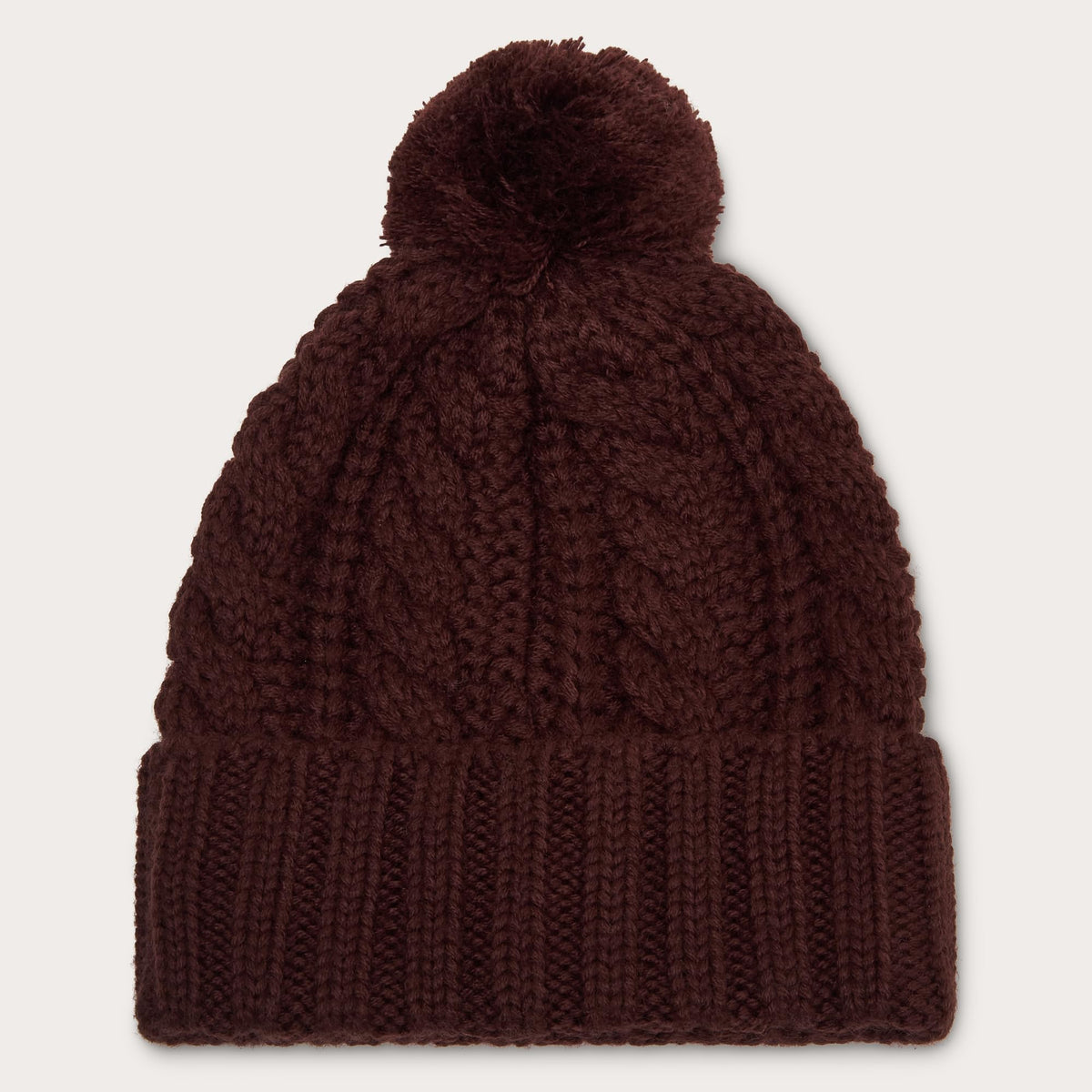 Burgundy knit pom beanie with cable-knit crown and ribbed brim, OAKLEY patch