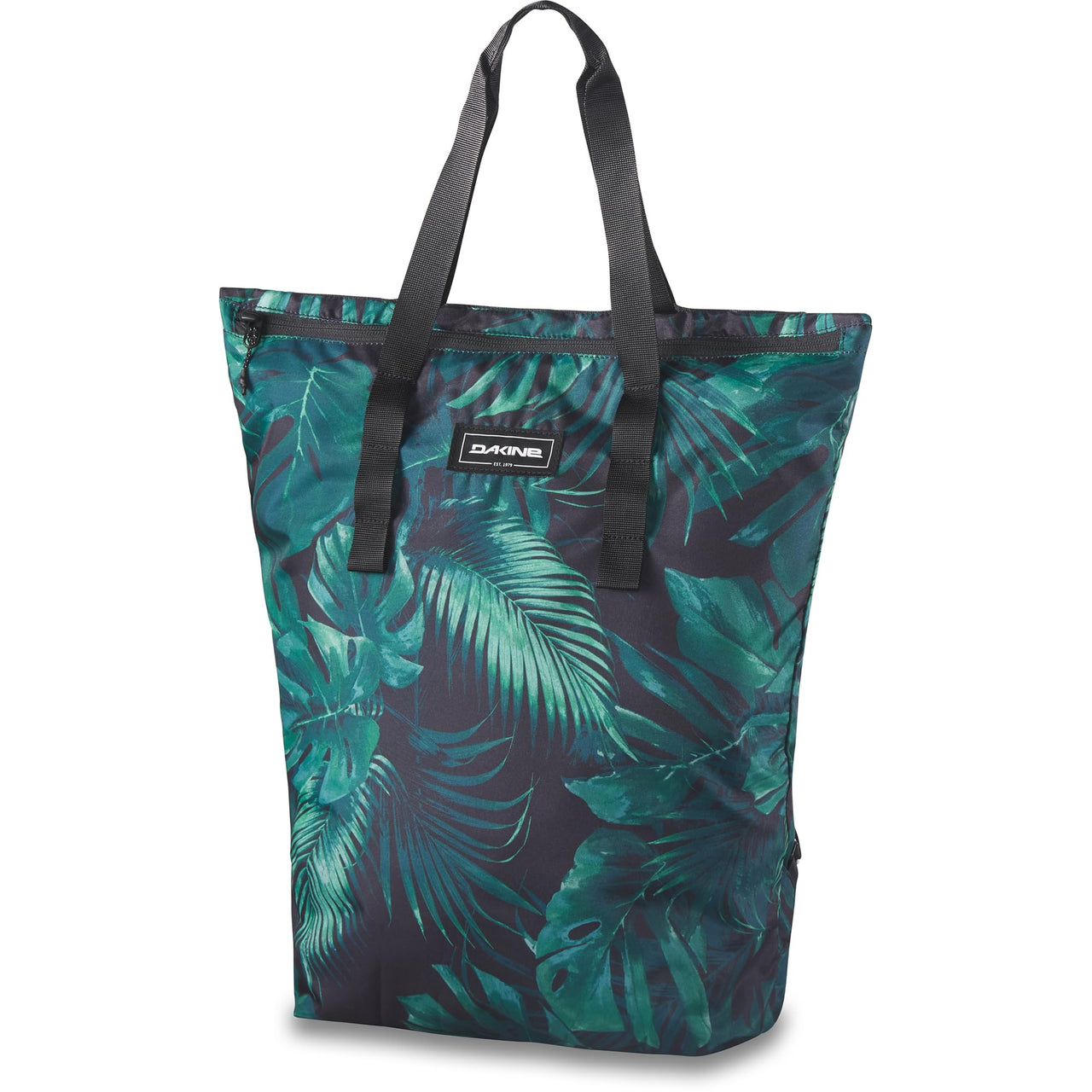 Packable tote bag, blue-green tropical leaf print with black handles