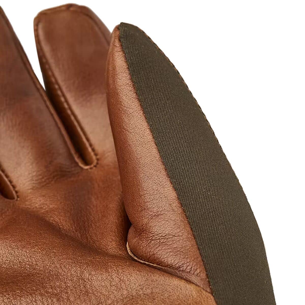 Close-up of brown leather fingertips and dark olive side panel on five-finger glove.