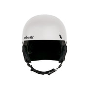 White ski snow helmet front view with open visor and padded lining