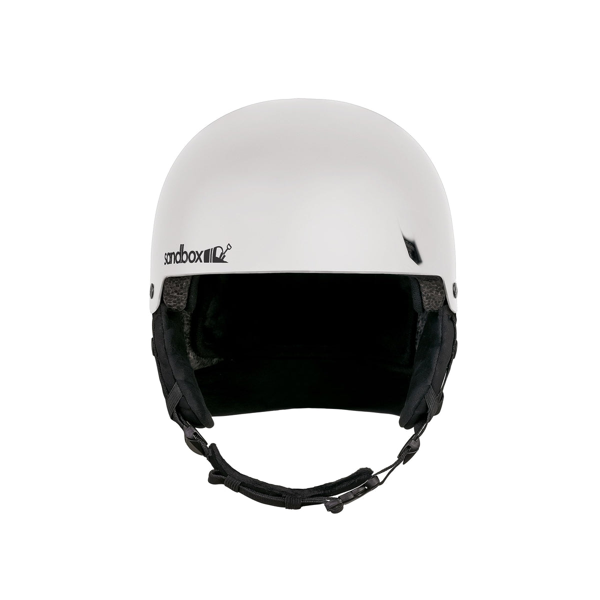 White ski snow helmet front view with open visor and padded lining