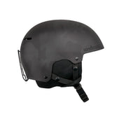 Black camo ski snow helmet with chin strap and protective face guard