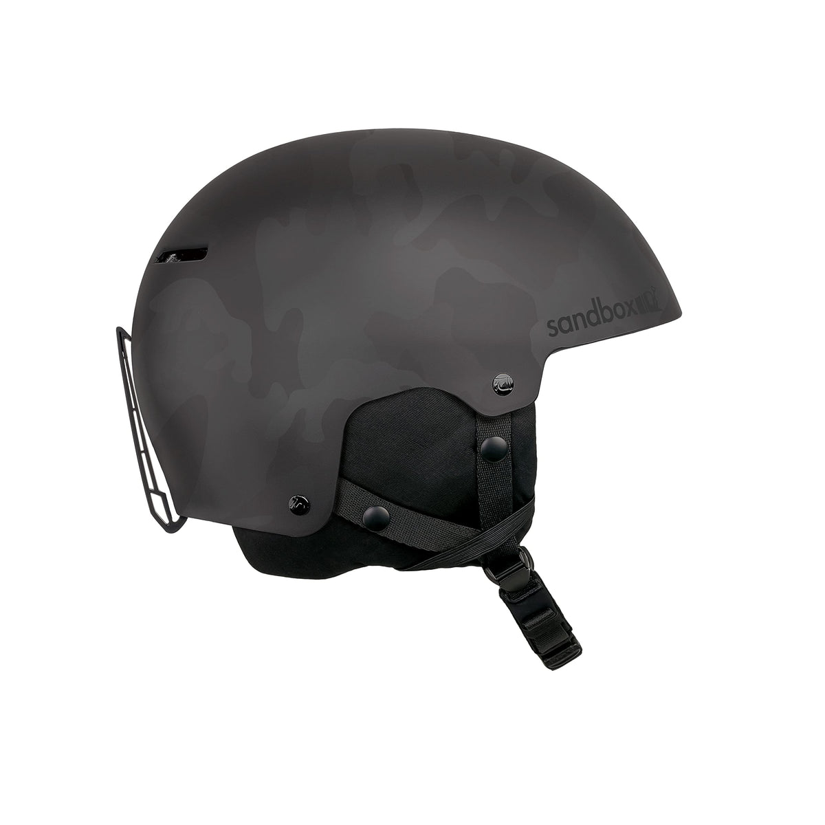 Black camo ski snow helmet with chin strap and protective face guard