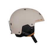 Matte putty snow helmet with black chin strap, ear/vent ports, and padded interior