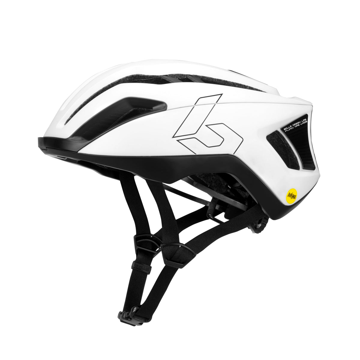 White road bike helmet with black shell details and geometric graphic, chin straps visible