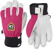 Kids waterproof patrol gloves, fuchsia fabric, white leather palms, black wrist strap.