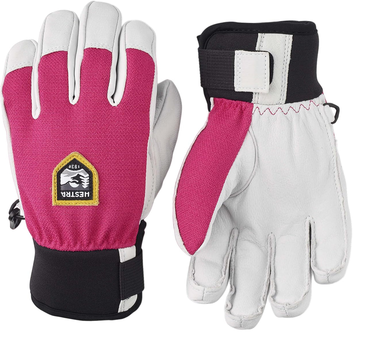 Kids waterproof patrol gloves, fuchsia fabric, white leather palms, black wrist strap.
