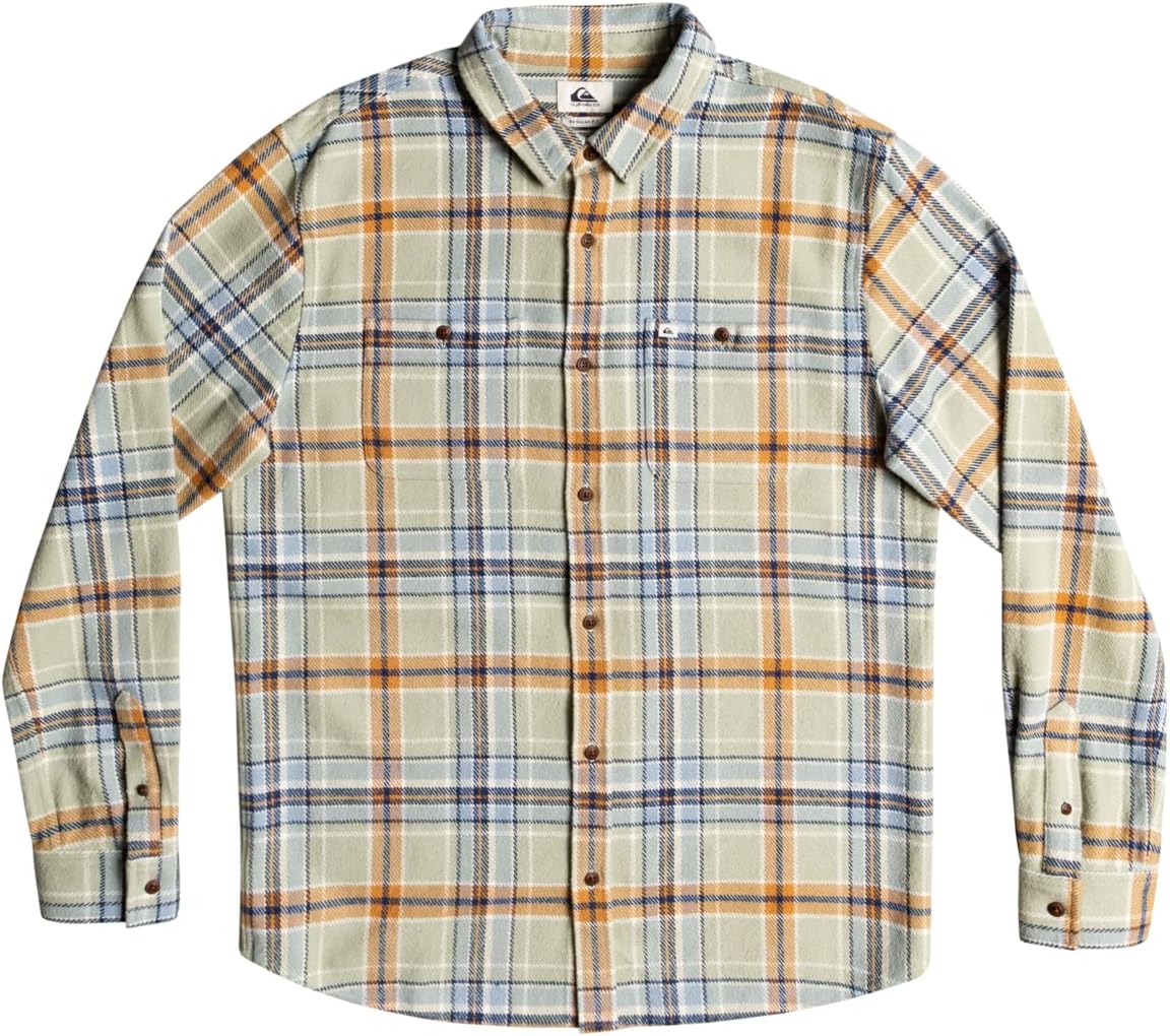 Men's plaid flannel long-sleeve shirt, button front, chest pockets, light blue and orange