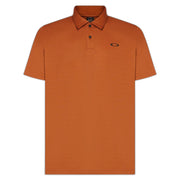 Men's orange polo shirt with short sleeves, button placket, and small chest logo