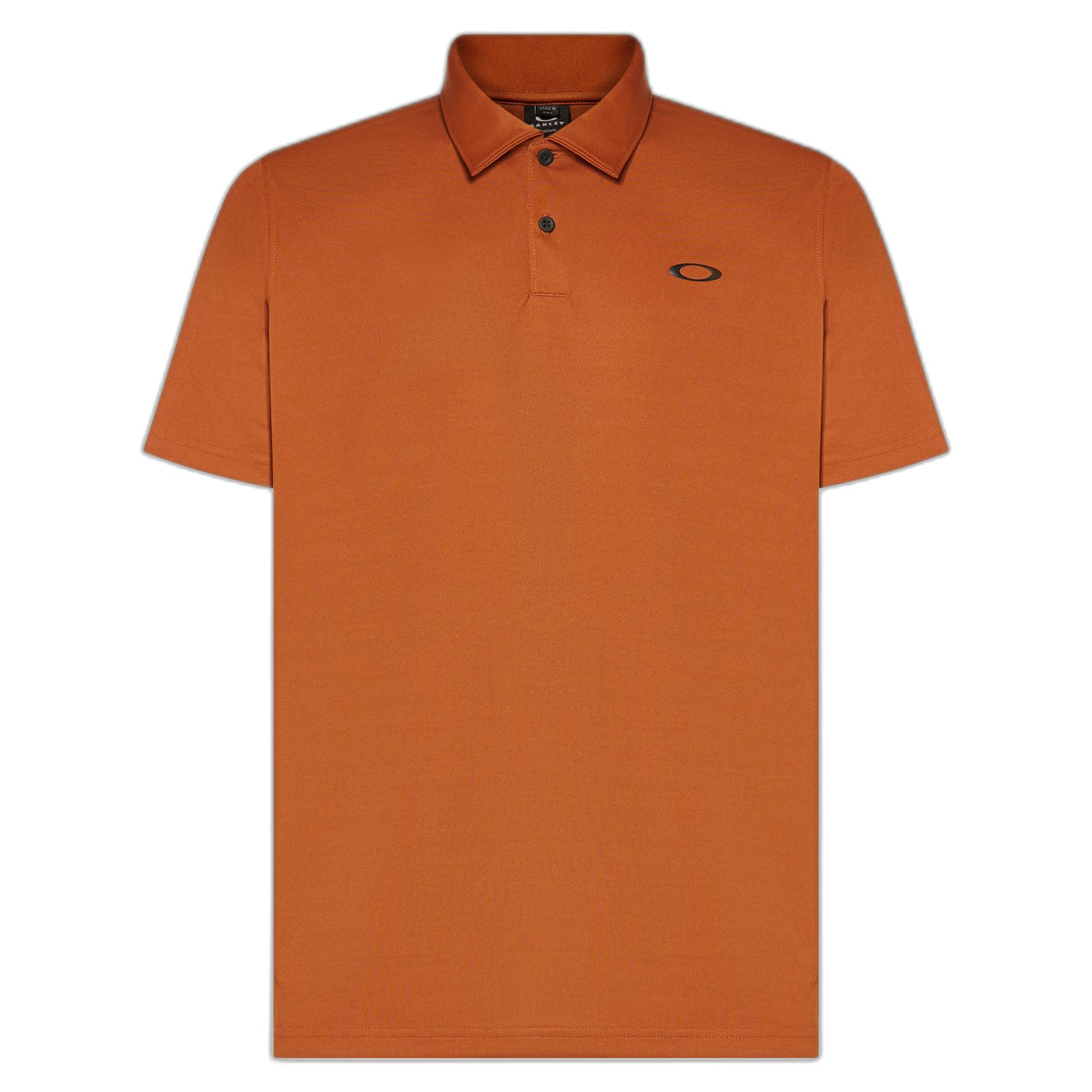 Men's orange polo shirt with short sleeves, button placket, and small chest logo