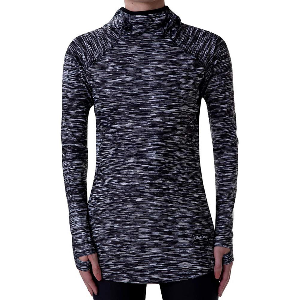 Women’s hooded base layer top, black-and-white heather knit, long sleeves