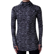 Women’s hooded base layer top, black-and-white heather knit, long sleeves