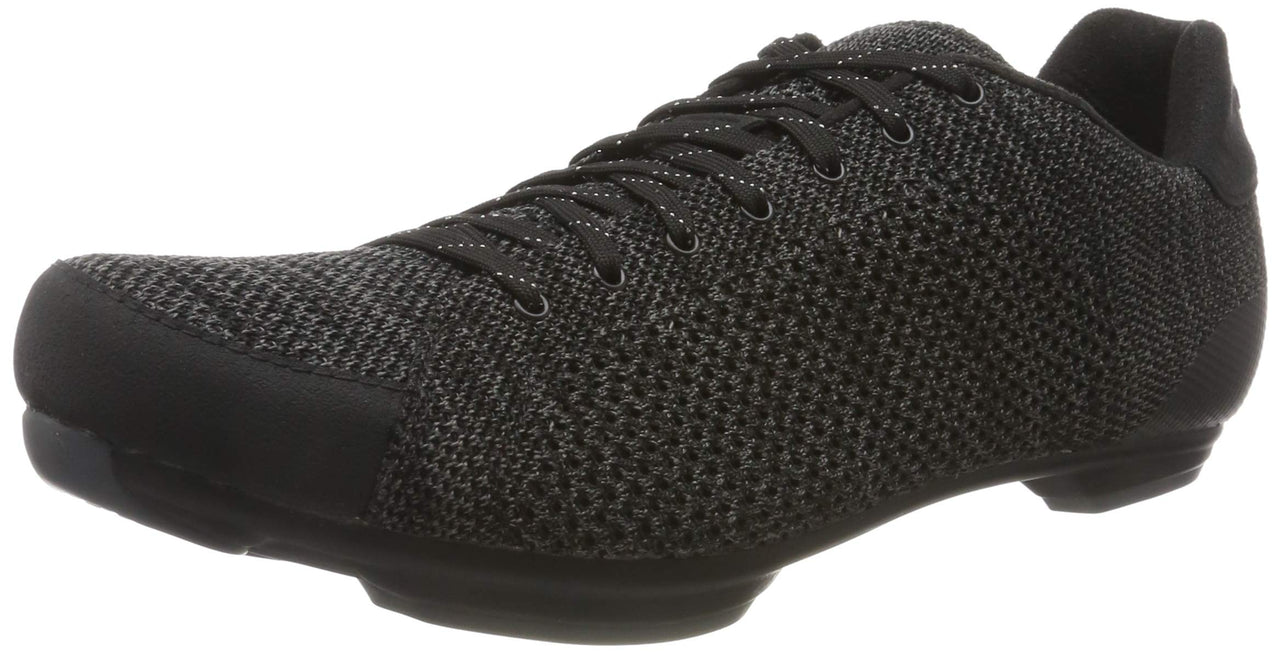 Black reflective knit lace-up shoe with textured upper and rounded toe