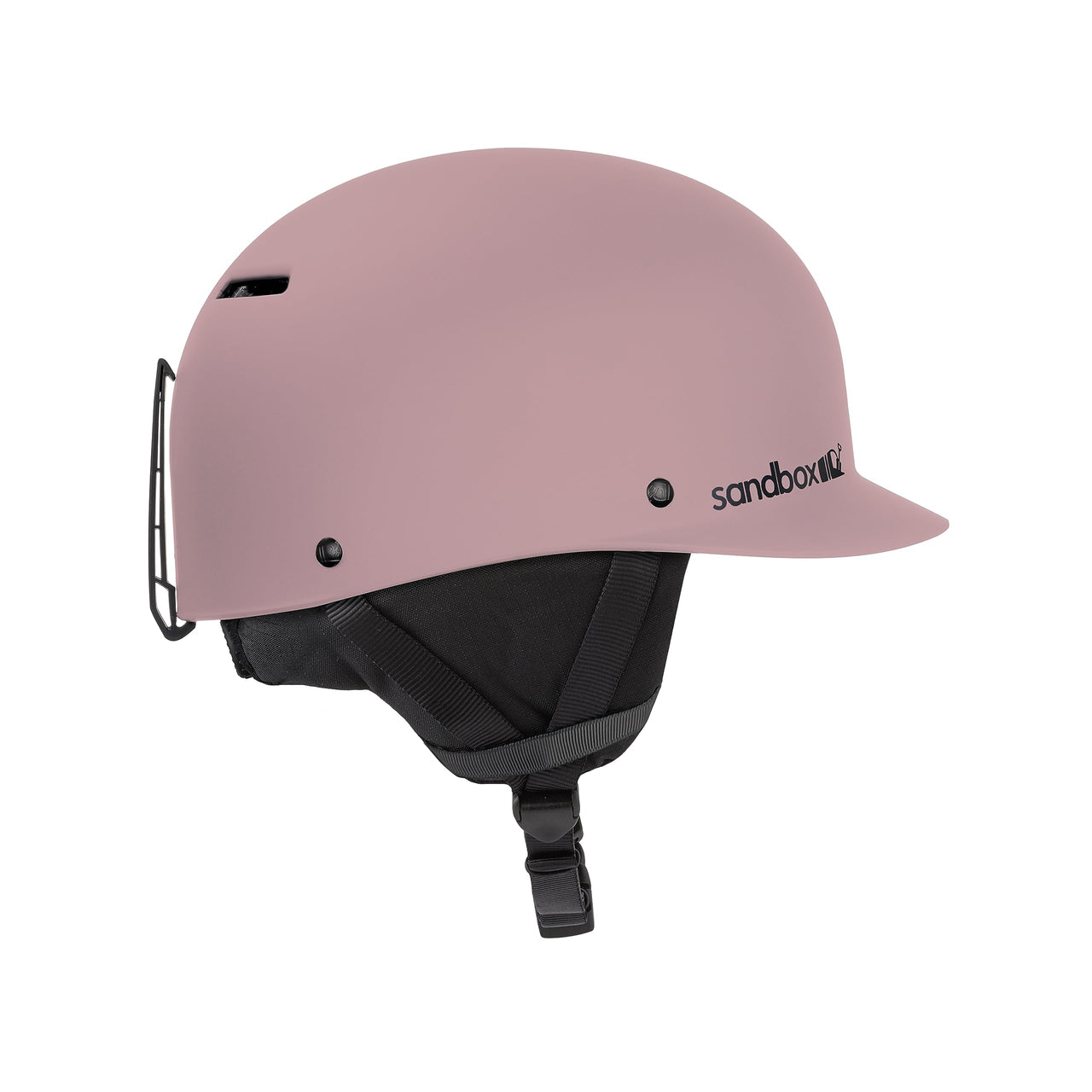 Matte mauve ski helmet with vents and chin strap, Sandbox logo