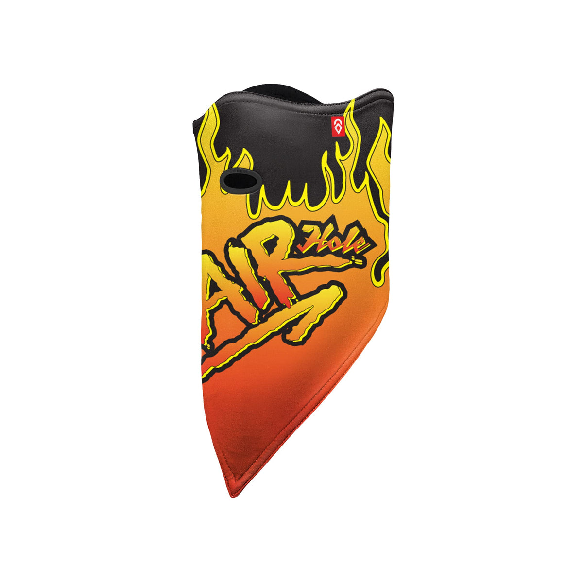 Sports face mask, orange black and neon yellow flame graphic with logo patch and oval opening