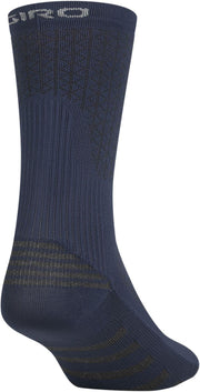 Dark blue cycling crew socks with gold striped heel toe grip panels