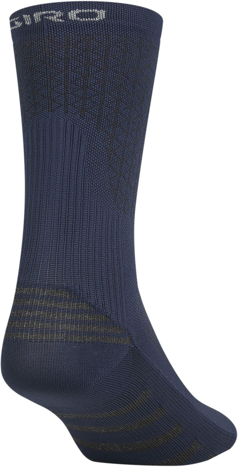 Dark blue cycling crew socks with gold striped heel toe grip panels