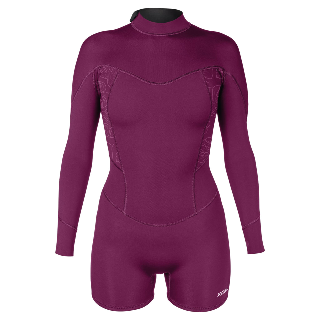 XCEL Womens Axis 2mm Long Sleeve Back Zip Boy Short Springsuit - Plum/Monstera Print / 2