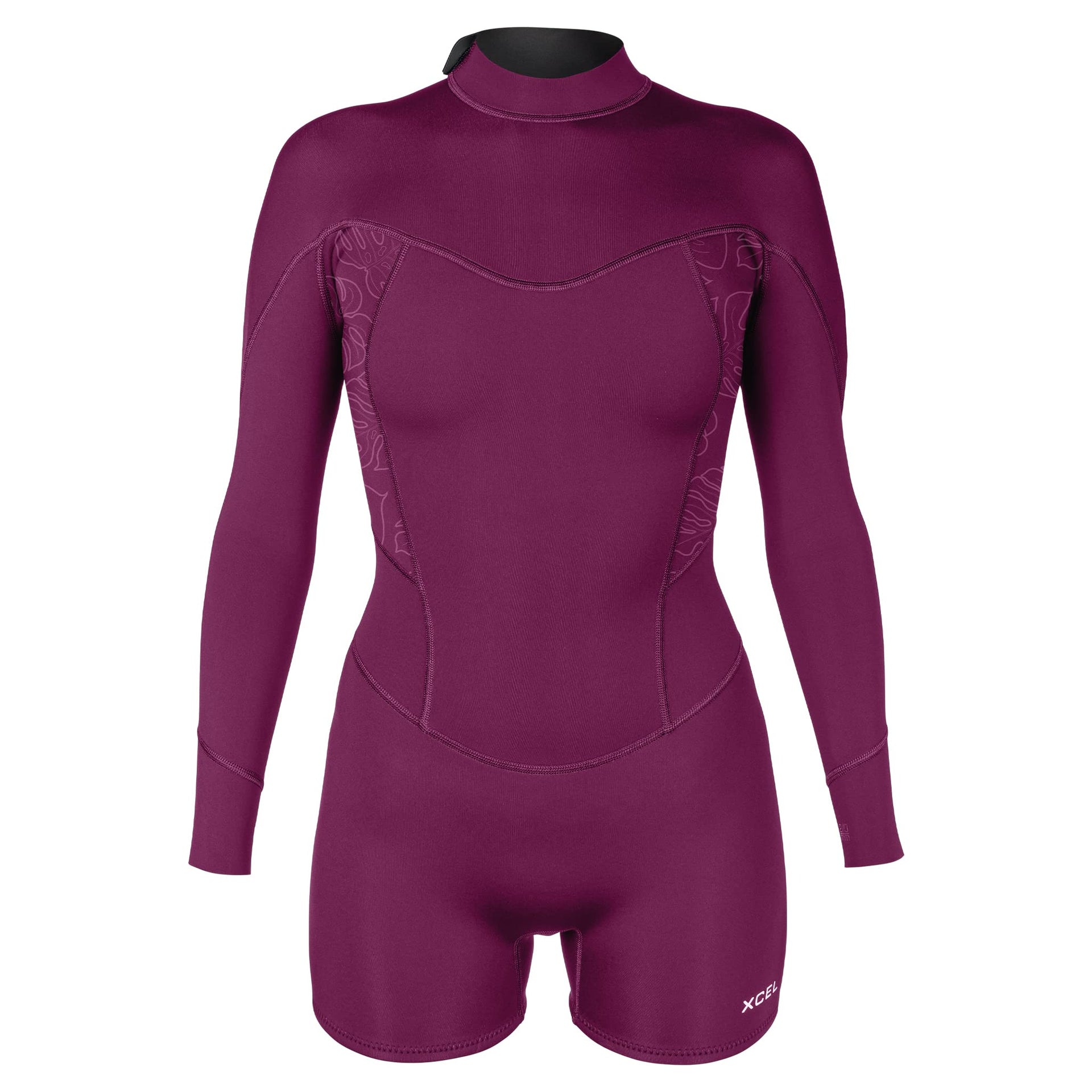 XCEL Womens Axis 2mm Long Sleeve Back Zip Boy Short Springsuit - Plum/Monstera Print / 2