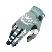 Youth motocross gloves, light teal with white text and black palm panels