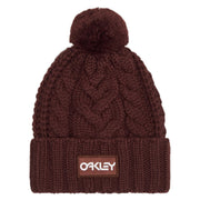 Burgundy knit beanie with cable texture, large pom-pom, ribbed cuff and OAKLEY patch