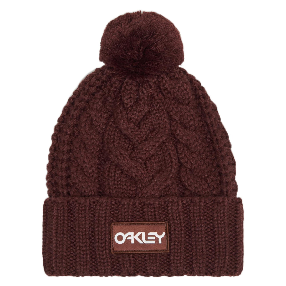 Burgundy knit beanie with cable texture, large pom-pom, ribbed cuff and OAKLEY patch