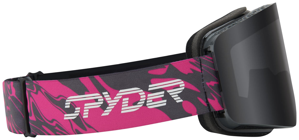 Snow goggles with black lens and pink TRBD? graphic strap, black frame