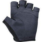 Short finger cycling glove, dark blue-gray suede-like palm with stitched panel seams