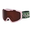 Pink ski goggles with brown lens, side view, green camo strap