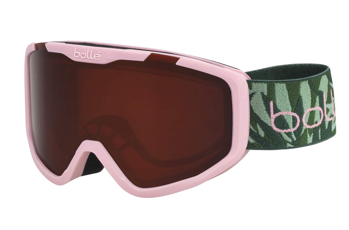 Pink ski goggles with brown lens and green camo strap