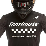 Black long-sleeve motocross jersey front, checkered band and SPEED • STYLE • GOOD TIMES