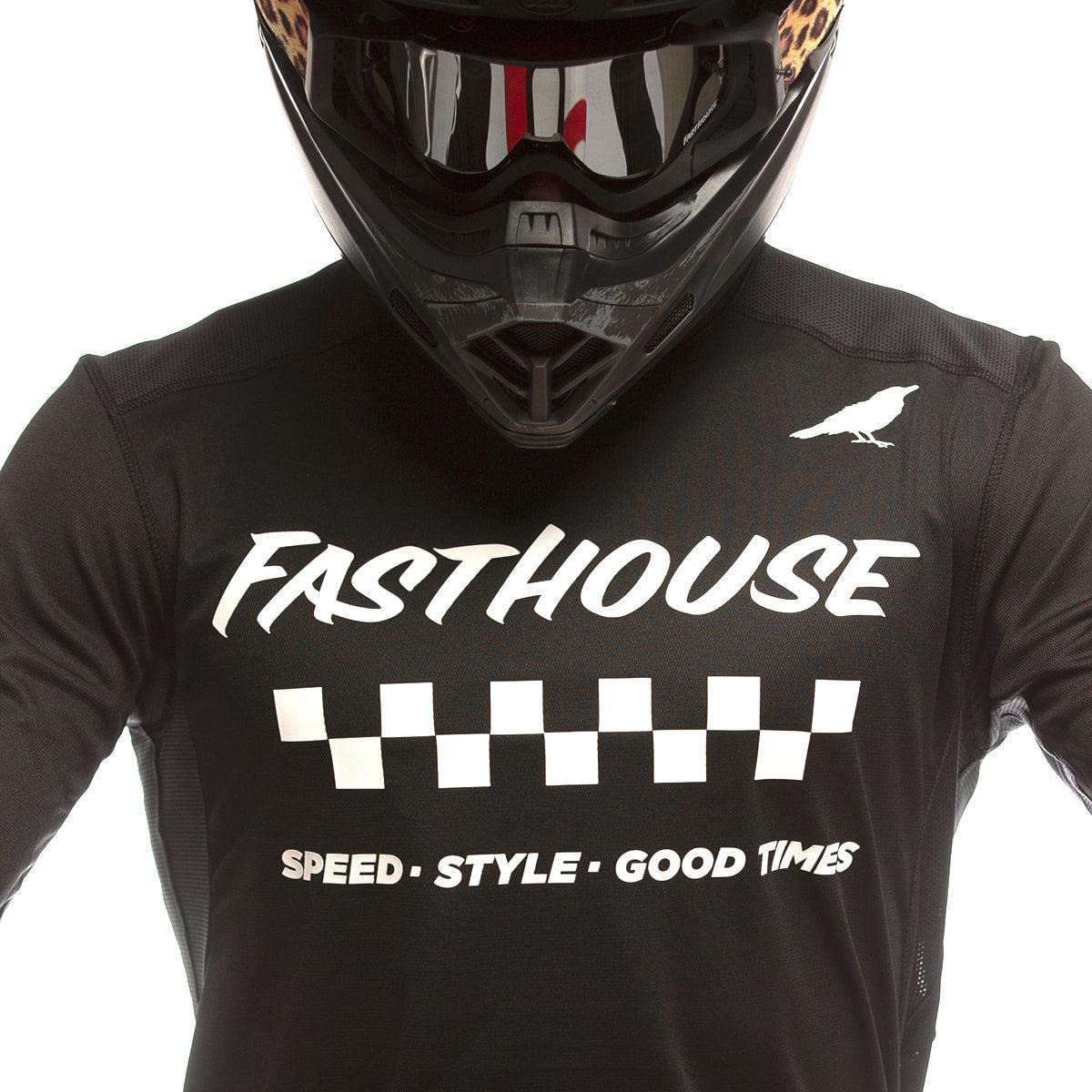 Black long-sleeve motocross jersey front, checkered band and SPEED • STYLE • GOOD TIMES