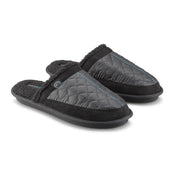 Pair of black mule slippers with quilted uppers, sherpa lining, and slip-on design