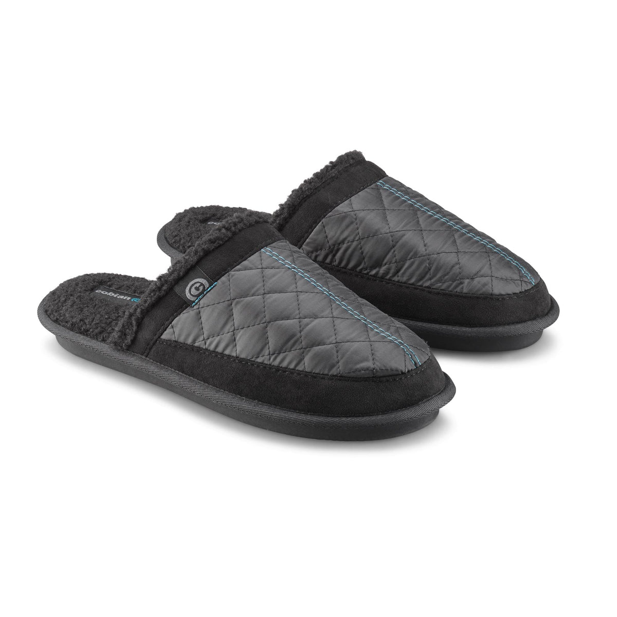Pair of black mule slippers with quilted uppers, sherpa lining, and slip-on design