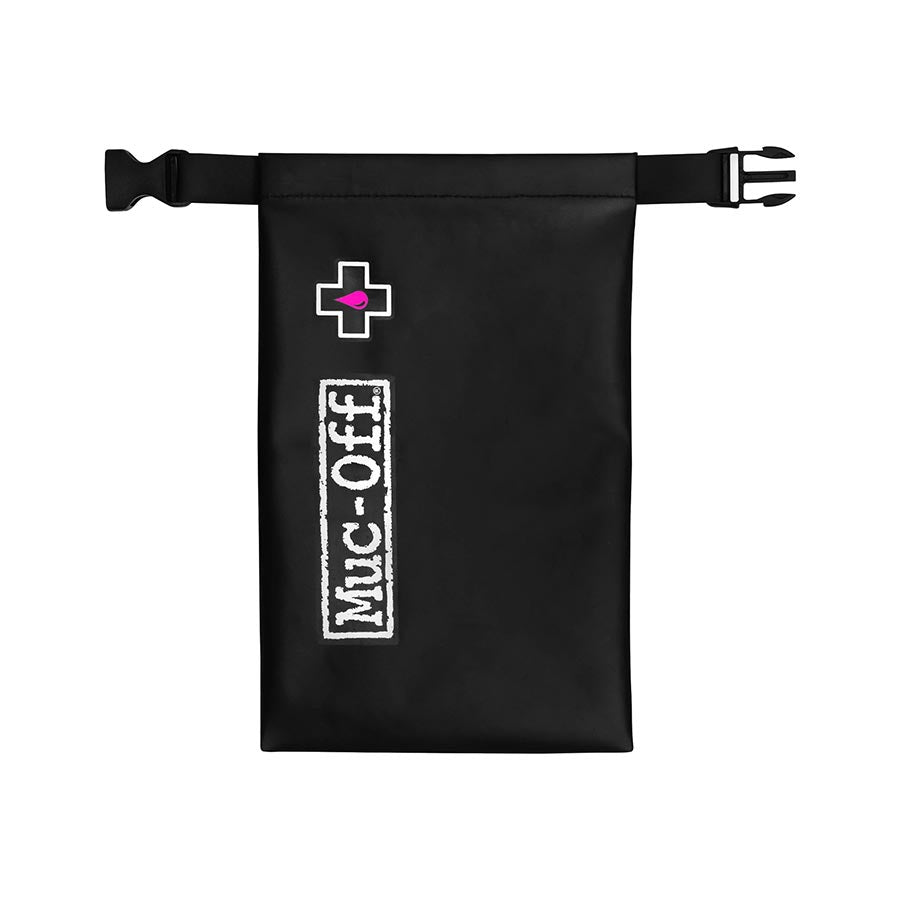 Black waterproof cargo bag with strap and buckle, featuring Muc-Off logo patch