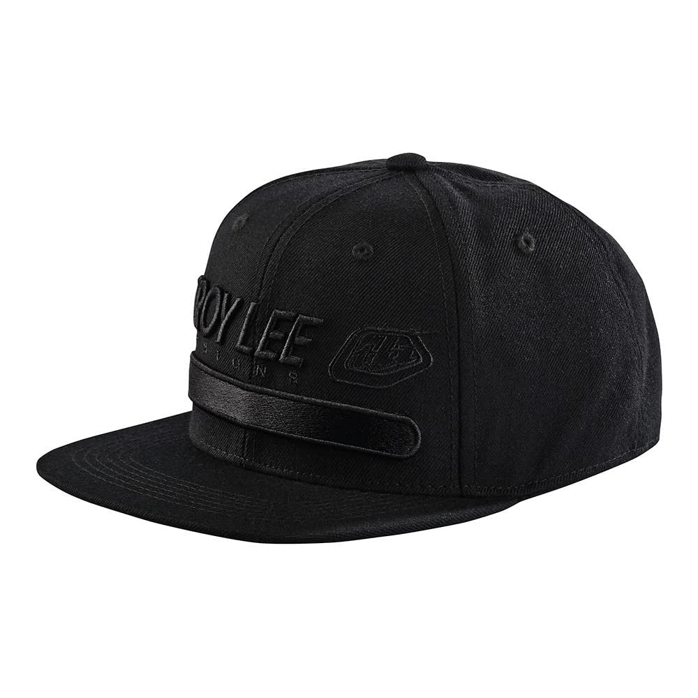 Black snapback hat with Troy Lee Designs logo and embroidered patch
