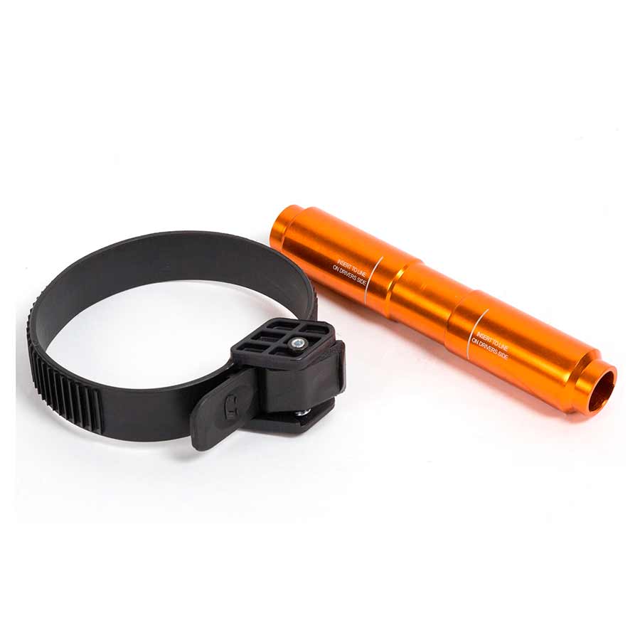 Fork adapter with black mounting clamp and orange 15x142mm tube